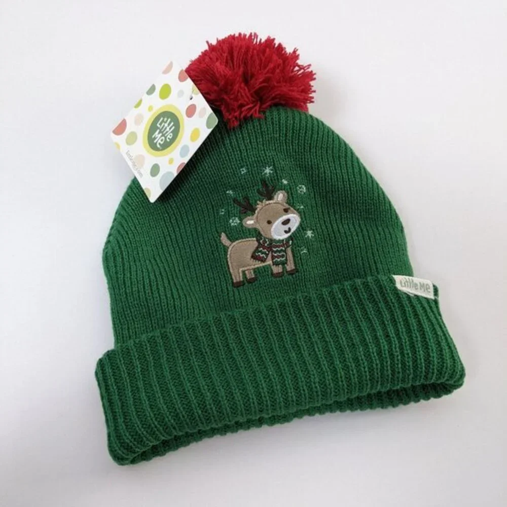 Little Me Reindeer Knit Beanie Hat 12–24M Green Red Pom Christmas Winter Hat